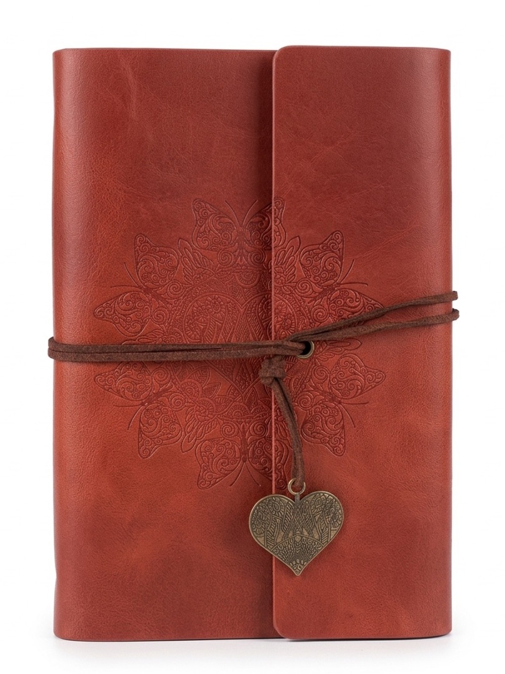 Butterfly Mandala Embossed Leather Journal with Heart Charm